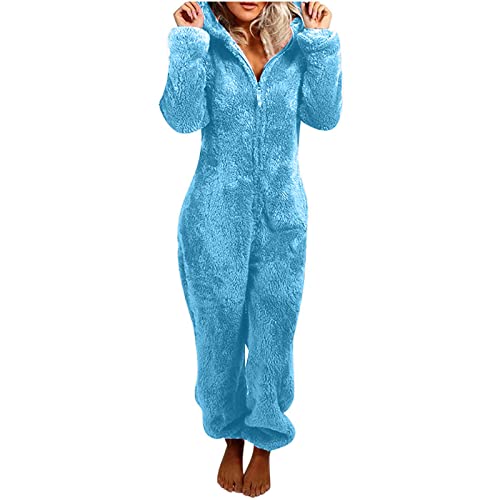 EMATOP Angebot des Tages Jumpsuit Damen Elegant Kuschelig Overall Winter Warm Pyjama Schlafanzug Fleece Einfarbig Einteiler Onesie Lang Plüsch Hausanzug mit Kapuze Flauschig Schlafoverall von EMATOP