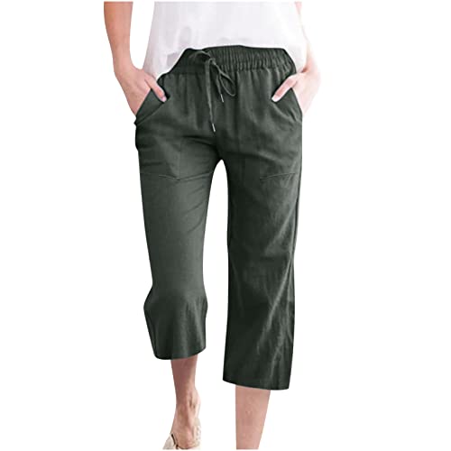 EMATOP Angebot des Tages Leinenhose Damen Sommer Leicht 3/4 Hose Elegant Einfarbig Yogahose Baumwolle Leinen Stoffhose Lässig Weites Hosen mit Taschen Jogginghose Bequem Strandhose Caprihose von EMATOP