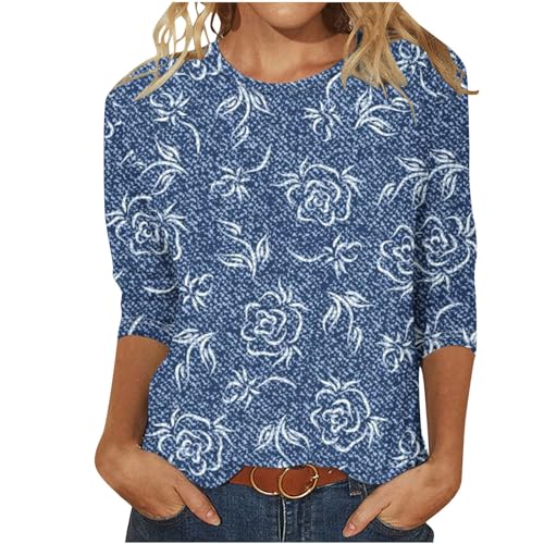 EMATOP Angebot des Tages blitzangebot Damen Bluse Lässige 3/4 Ärmel Tshirt Elegant Baumwolle Tunika Tops Locker Rundhals Sommershirts Bunt Streifen Longshirt Vintage Sport Longbluse Oberteile von EMATOP