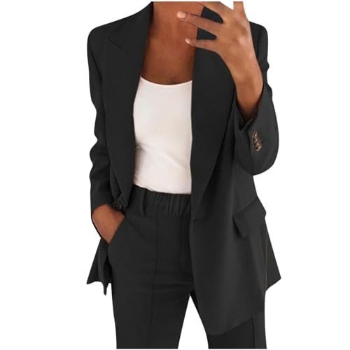 EMATOP Angebote des Tages Heute Hosenanzüge für Damen Business Sommer Anzug Set Elegant Zweiteilig Blazer Hose Outfit Slim Fit Sportlich Freizeitanzug Revers Einfarbig Longblazer Lang Hosen Tracksuit von EMATOP