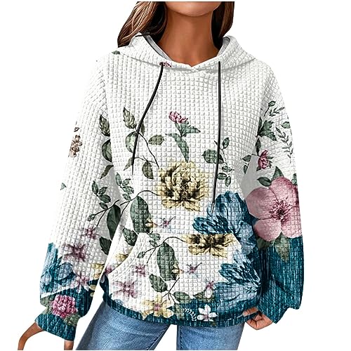 EMATOP Damen Baumwolle Hoodie Causal Langarm Kapuzenpullover Herbst Winter Warm Pullover Vintage Bunte Print Sweatshirt mit Kapuze Pulli Oberteile Mode Waffel Kapuzenpulli mit Taschen Outwear von EMATOP