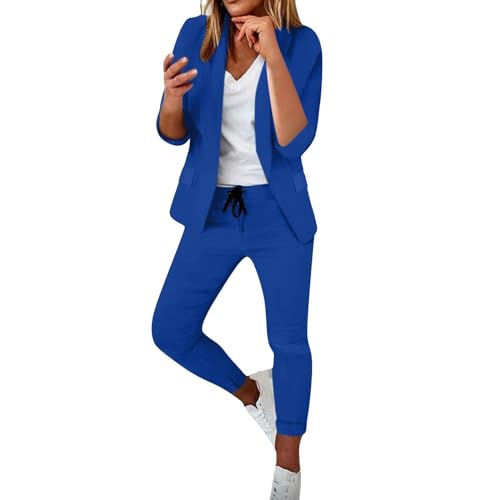 EMATOP Anzug Set Damen Business Hosenanzug Elegant Lang Blazer Hose Zweiteiler Slim fit Workout Set Streetwear Casual Sportlich Tracksuit Anzug Kurzarm Longblazer und Sporthose Freizeitanzug von EMATOP