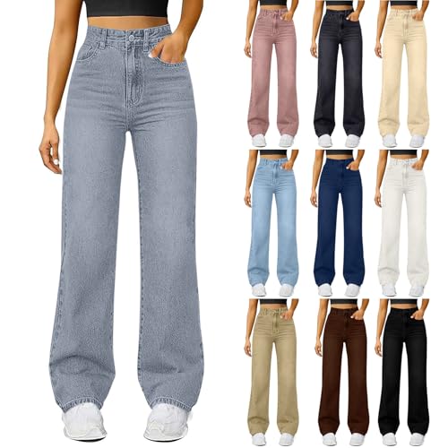 EMATOP Baggy Jeans Damen High Waist Jeanshose Casual Denim Hosen Elegant Lang Freizeithose mit Taschen Denimhose Weites Bein Schlaghose Baumwolle Bequem Jogginghose Leichte Sport Outdoorhose von EMATOP
