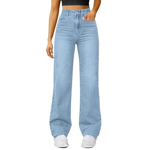 EMATOP Baggy Jeans Damen High Waist Jeanshose Casual Denim Hosen Elegant Lang Freizeithose mit Taschen Denimhose Weites Bein Schlaghose Baumwolle Bequem Jogginghose Leichte Sport Outdoorhose von EMATOP