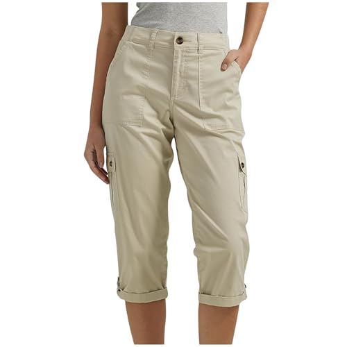 EMATOP Cargohose Damen 3/4 Sommer Hose Casual Lose Wanderhose Leichte Outdoor Sporthose Vintage Einfarbig Jogginghose mit Taschen Freizeithose Elegant Baumwolle Cargo Hosen Bequem Arbeitshose von EMATOP