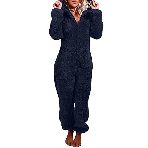 EMATOP Black Friday Angebote Jumpsuit Damen Teddy Fleece Overall Winter Warm Schlafanzug Kuschelig Plüsch Pyjama Elegant Einteiler Onesie Einfarbig Langarm Schlafoverall Flauschig Pyjama Hausanzug von EMATOP