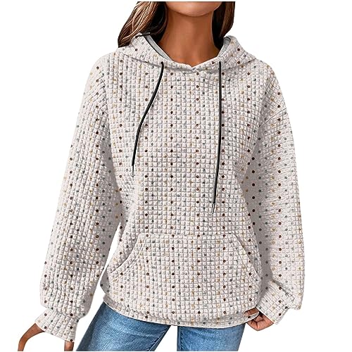 EMATOP Damen Baumwolle Hoodie Causal Langarm Kapuzenpullover Herbst Winter Warm Pullover Vintage Bunte Print Sweatshirt mit Kapuze Pulli Oberteile Mode Waffel Kapuzenpulli mit Taschen Outwear von EMATOP