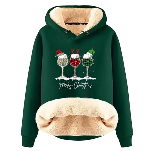 EMATOP Black Friday Weihnachts Hoodie Damen Warm Gefütterte Kapuzenpullover Lässige Sports Sweatshirt Lustig Rotweinglas Druck Weihnachtspullover Langarm Pullover Weihnachtspulli von EMATOP