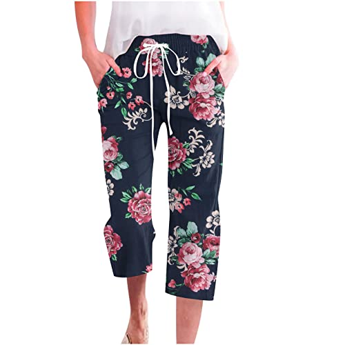 EMATOP Blumen Leinenhose Damen Sommer 3/4 Caprihose Leicht Baumwolle Strandhose Casual Lose Yogahose Hohe Taille Stoffhose mit Taschen Freizeithose Elastische Taille Sporthose Teenager Mädchen von EMATOP