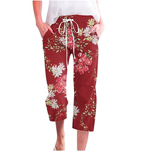 EMATOP Blumen Leinenhose Damen Sommer 3/4 Caprihose Leicht Baumwolle Strandhose Casual Lose Yogahose Hohe Taille Stoffhose mit Taschen Freizeithose Elastische Taille Sporthose Teenager Mädchen von EMATOP