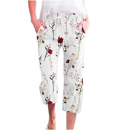 EMATOP Blumen Leinenhose Damen Sommer 3/4 Caprihose Leicht Baumwolle Strandhose Casual Lose Yogahose Hohe Taille Stoffhose mit Taschen Freizeithose Elastische Taille Sporthose Teenager Mädchen von EMATOP