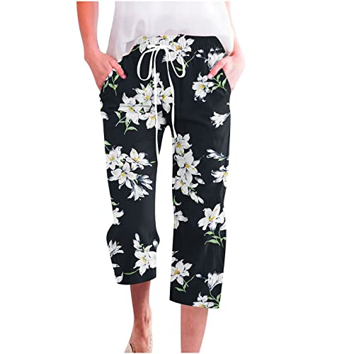 EMATOP Blumen Leinenhose Damen Sommer 3/4 Caprihose Leicht Baumwolle Strandhose Casual Lose Yogahose Hohe Taille Stoffhose mit Taschen Freizeithose Elastische Taille Sporthose Teenager Mädchen von EMATOP