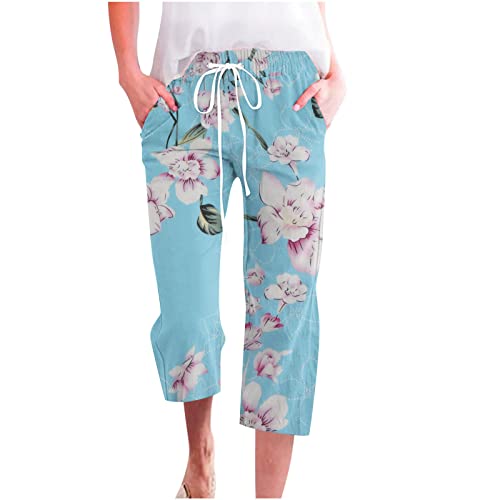 EMATOP Blumen Leinenhose Damen Sommer 3/4 Caprihose Leicht Baumwolle Strandhose Casual Lose Yogahose Hohe Taille Stoffhose mit Taschen Freizeithose Elastische Taille Sporthose Teenager Mädchen von EMATOP