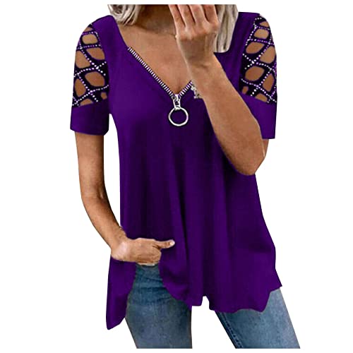 EMATOP Bluse Damen Sommer Lose Tunika Tops Sexy Schulterfrei Oberteile V-Ausschnitt Reißverschluss Tshirt Elegant Einfarbig Longshirt Mode Plissiert Blusenshirt Weich Bequem Lang Top Streetwear von EMATOP