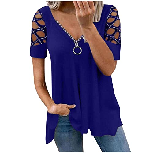 EMATOP Bluse Damen Sommer Lose Tunika Tops Sexy Schulterfrei Oberteile V-Ausschnitt Reißverschluss Tshirt Elegant Einfarbig Longshirt Mode Plissiert Blusenshirt Weich Bequem Lang Top Streetwear von EMATOP