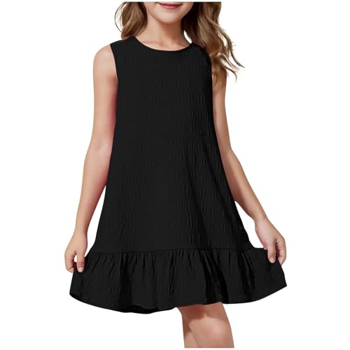 EMATOP Blusenkleid Mädchen Ärmellos Elegant Minikleid Casual Kurz Partykleid Locker Rundhals Sommerkleid Einfarbig Tunika Shirtkleid Leicht Bequem Strandkleid Vintage Kleid für 5-15 Jahre von EMATOP