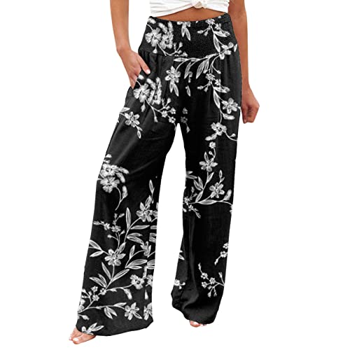 EMATOP Boho Hose Damen Leicht Leinenhose Sommer Lang Freizeithose Baumwolle Leinen Boho Strandhose Lässige Baggy Sommerhose Bequem Palazzo Hosen Blumen Muster Stoffhose mit Taschen Sporthose von EMATOP