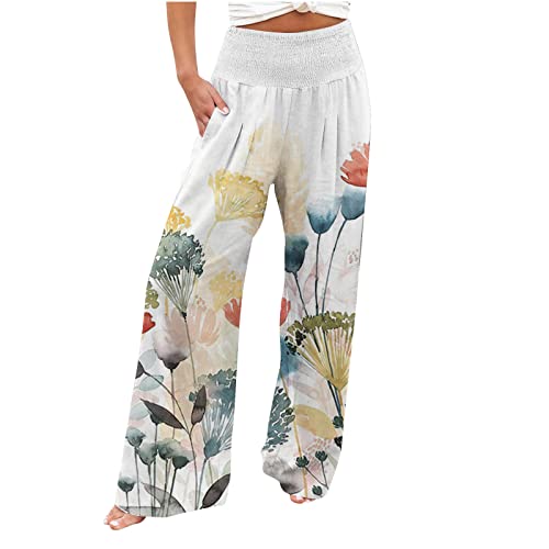 EMATOP Boho Hose Damen Leicht Leinenhose Sommer Lang Freizeithose Baumwolle Leinen Boho Strandhose Lässige Baggy Sommerhose Bequem Palazzo Hosen Blumen Muster Stoffhose mit Taschen Sporthose von EMATOP