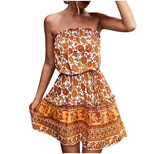 EMATOP Boho Kleid Damen Bandeau Sommerkleid Elegant Kurz Freizeitkleid Trägerlos Ärmellos Party Strandkleid Cocktailkleid Farbverlauf Blumen Druck Minikleid Stretch Hohe Taille Faltenkleid von EMATOP