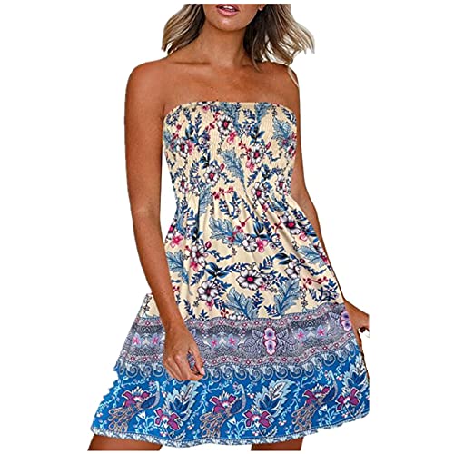 EMATOP Boho Kleid Damen Bandeau Sommerkleid Elegant Kurz Freizeitkleid Trägerlos Ärmellos Party Strandkleid Cocktailkleid Farbverlauf Blumen Druck Minikleid Stretch Hohe Taille Faltenkleid von EMATOP