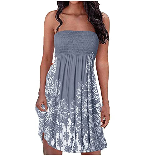 EMATOP Damen Boho Kleid Bandeau Sommerkleid Elegant Kurz Freizeitkleid Trägerlos Ärmellos Party Strandkleid Cocktailkleid Farbverlauf Blumen Druck Minikleid Stretch Hohe Taille Faltenkleid von EMATOP