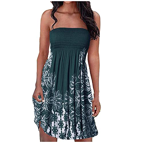 EMATOP Boho Kleid Damen Sexy Bandeau Sommerkleid Kurz Elegant Freizeitkleid Ärmellos Trägerlos Strandkleid Blumen Druck Minikleid Knielang Party Cocktailkleid Stretch Hohe Taille Faltenkleid von EMATOP