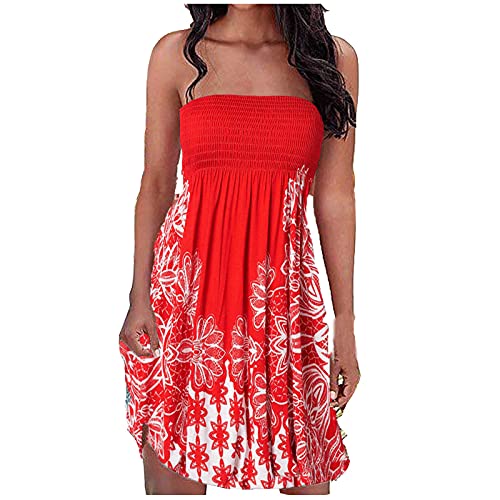 EMATOP Boho Kleid Damen Sexy Bandeau Sommerkleid Kurz Elegant Freizeitkleid Ärmellos Trägerlos Strandkleid Blumen Druck Minikleid Knielang Party Cocktailkleid Stretch Hohe Taille Faltenkleid von EMATOP