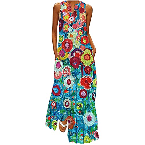 EMATOP Boho Kleider Damen Lang Sommerkleid Sexy ärmellos Maxikleider Elegant V-Ausschnitt Strandkleid Locker Freizeitkleider Bunte Blumen Druck Shirtkleid Vintage Mode Blumenkleid für Frauen von EMATOP