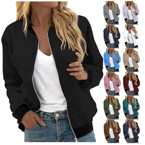 EMATOP Bomberjacke Damen Casual Langarm College Jacke Leichte Elegant Fliegerjacke Bequem Einfarbig Pilotenjacke Zip Up Übergangsjacke mit Taschen Sportjacke Locker Lässig Bikerjacke Outwear von EMATOP