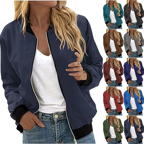 EMATOP Bomberjacke Damen Casual Langarm College Jacke Leichte Elegant Fliegerjacke Einfarbig Bequem Pilotenjacke Zip Up Übergangsjacke mit Taschen Sportjacke Locker Lässig Bikerjacke Outwear von EMATOP