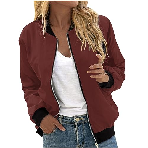 EMATOP Bomberjacke Damen Casual Langarm College Jacke Leichte Elegant Fliegerjacke Einfarbig Bequem Pilotenjacke Zip Up Übergangsjacke mit Taschen Sportjacke Locker Lässig Bikerjacke Outwear von EMATOP