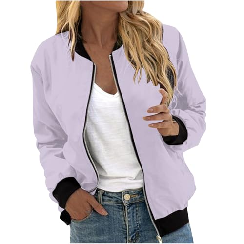 EMATOP Bomberjacke Damen Casual Langarm College Jacke Leichte Elegant Fliegerjacke Einfarbig Bequem Pilotenjacke Zip Up Übergangsjacke mit Taschen Sportjacke Locker Lässig Bikerjacke Outwear von EMATOP