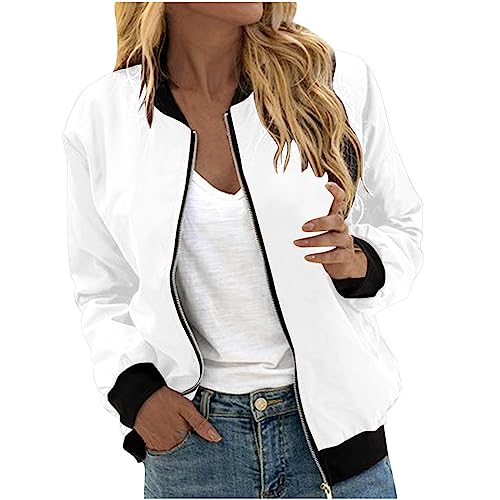 EMATOP Bomberjacke Damen Casual Langarm College Jacke Leichte Elegant Fliegerjacke Einfarbig Bequem Pilotenjacke Zip Up Übergangsjacke mit Taschen Sportjacke Locker Lässig Bikerjacke Outwear von EMATOP