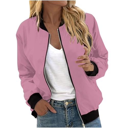 EMATOP Bomberjacke Damen Casual Langarm College Jacke Leichte Elegant Fliegerjacke Einfarbig Bequem Pilotenjacke Zip Up Übergangsjacke mit Taschen Sportjacke Locker Lässig Bikerjacke Outwear von EMATOP