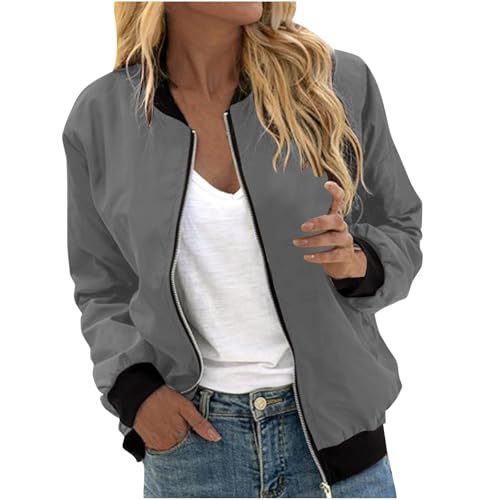 EMATOP Bomberjacke Damen Casual Langarm College Jacke Leichte Elegant Fliegerjacke Einfarbig Bequem Pilotenjacke Zip Up Übergangsjacke mit Taschen Sportjacke Locker Lässig Bikerjacke Outwear von EMATOP