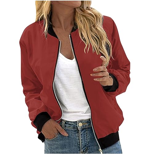 EMATOP Bomberjacke Damen Casual Langarm College Jacke Leichte Elegant Fliegerjacke Einfarbig Bequem Pilotenjacke Zip Up Übergangsjacke mit Taschen Sportjacke Locker Lässig Bikerjacke Outwear von EMATOP