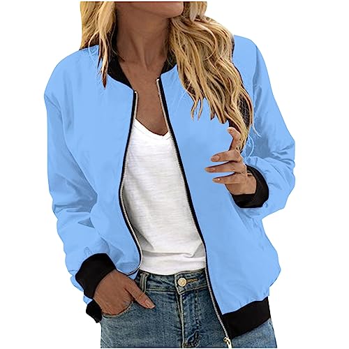EMATOP Bomberjacke Damen Casual Langarm College Jacke Leichte Elegant Fliegerjacke Einfarbig Bequem Pilotenjacke Zip Up Übergangsjacke mit Taschen Sportjacke Locker Lässig Bikerjacke Outwear von EMATOP