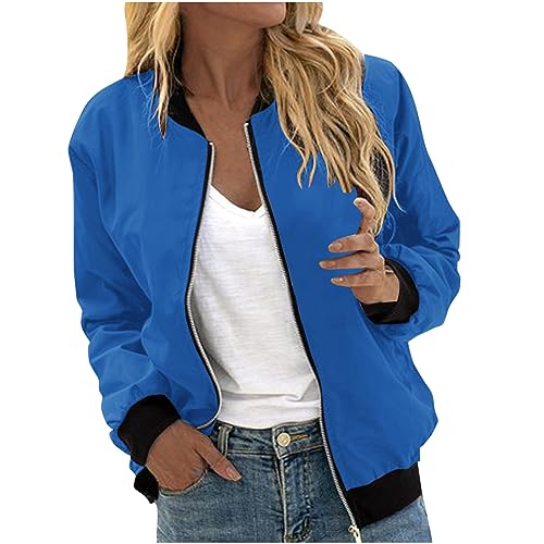 EMATOP Bomberjacke Damen Casual Langarm College Jacke Leichte Elegant Fliegerjacke Einfarbig Bequem Pilotenjacke Zip Up Übergangsjacke mit Taschen Sportjacke Locker Lässig Bikerjacke Outwear von EMATOP