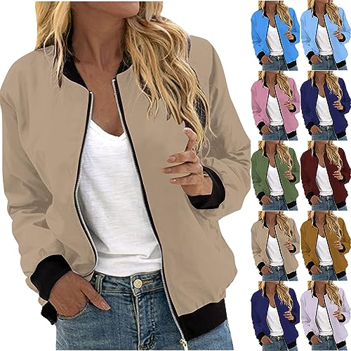 EMATOP Bomberjacke Damen Casual Langarm College Jacke Leichte Elegant Fliegerjacke Einfarbig Bequem Pilotenjacke Zip Up Übergangsjacke mit Taschen Sportjacke Locker Lässig Bikerjacke Outwear von EMATOP