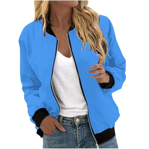 EMATOP Bomberjacke Damen Casual Langarm College Jacke Leichte Elegant Fliegerjacke Einfarbig Bequem Pilotenjacke Zip Up Übergangsjacke mit Taschen Sportjacke Locker Lässig Bikerjacke Outwear von EMATOP