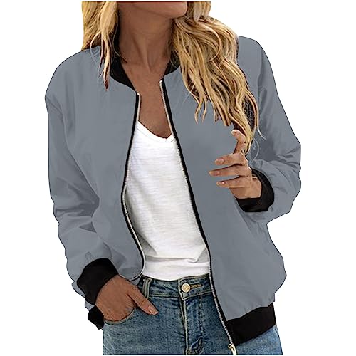 EMATOP Bomberjacke Damen Casual Langarm College Jacke Leichte Elegant Fliegerjacke Einfarbig Bequem Pilotenjacke Zip Up Übergangsjacke mit Taschen Sportjacke Locker Lässig Bikerjacke Outwear von EMATOP