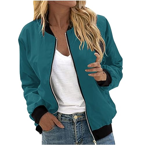EMATOP Bomberjacke Damen Casual Langarm College Jacke Leichte Elegant Fliegerjacke Einfarbig Bequem Pilotenjacke Zip Up Übergangsjacke mit Taschen Sportjacke Locker Lässig Bikerjacke Outwear von EMATOP