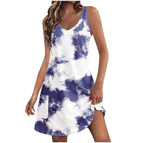 EMATOP Bunt Sommerkleid Damen Casual Boho Minikleid Knielang Shirtkleid Leichte Baumwolle Strandkleid Sommer Kurz Elegante Freizeitkleid Lässige Ärmellos Partykleid V-Ausschnitt Trägerkleid von EMATOP