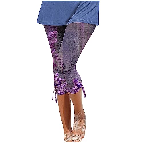 EMATOP Capri Leggings Damen 3/4 Sport Blickdicht Laufhosen Elastische Taille Yogahose High Waist Sporthose Schön Blumen Muster Strandhose mit Kordelzug Jogginghose Leicht Baumwolle Traininghose von EMATOP