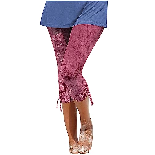 EMATOP Capri Leggings Damen 3/4 Sport Blickdicht Laufhosen Elastische Taille Yogahose High Waist Sporthose Schön Blumen Muster Strandhose mit Kordelzug Jogginghose Leicht Baumwolle Traininghose von EMATOP