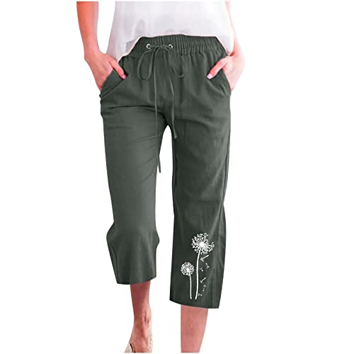 EMATOP Caprihose Damen High Waist Leinenhose 3/4 Lange Sporthose Leinen Baumwolle Hose Casual Baggy Stoffhose Leicht Atmungsaktiv Yogahose mit Taschen Freizeithose Löwenzahn Muster Sweathose von EMATOP