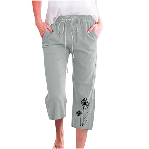 EMATOP Caprihose Damen High Waist Leinenhose 3/4 Lange Sporthose Leinen Baumwolle Hose Casual Baggy Stoffhose Leicht Atmungsaktiv Yogahose mit Taschen Freizeithose Löwenzahn Muster Sweathose von EMATOP