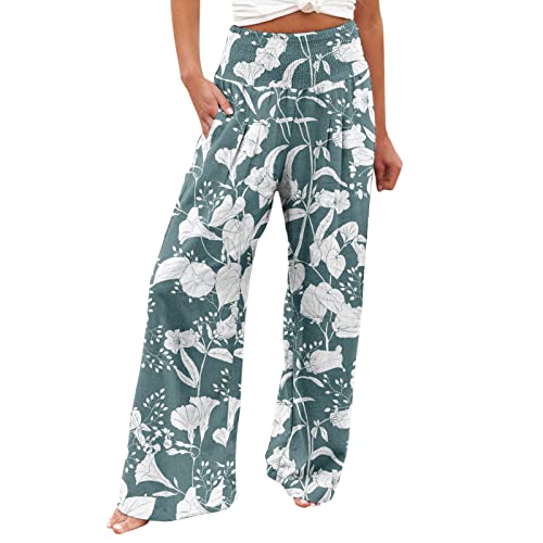 EMATOP Caprihose Damen Sommer Elegant Stoffhose Baumwolle Leinen Boho Strandkleid Leicht Weite Beine Hose Casual Lose Sporthose mit Taschen Leinenhose Bunte Blumen Druck Freizeithose für Frauen von EMATOP