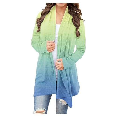 EMATOP Cardigan Damen Locker Lang Strickjacke Baumwolle Leicht Strickmantel Casual Vorne Offen Pullover Bunte Farbverlauf Herbstjacke Lose Langarm Fleecejacke Weich Bequem übergangsjacke von EMATOP