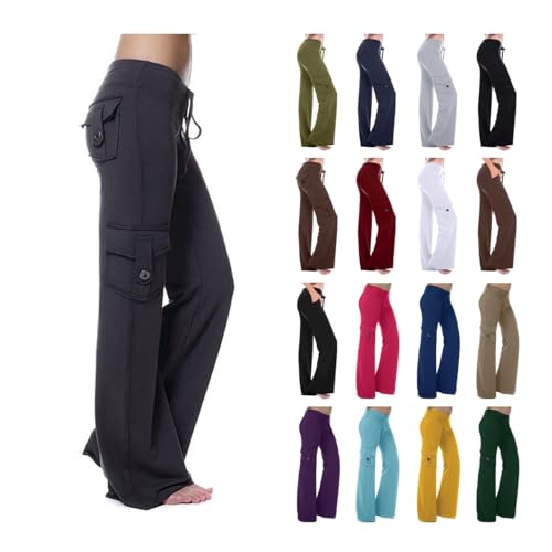 EMATOP Cargohose Damen Lang Baggy Jogginghose Baumwolle Casual Wanderhose High Waist Sport Cargo Hosen Locker Einfarbig Freizeithose mit Taschen Sporthose Regulär Fit Sommerhose Trainingshose von EMATOP